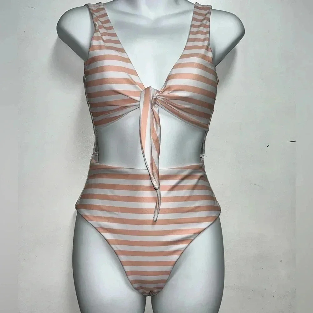 Knot Front Cut Out Stripe One Piece Swimsuit